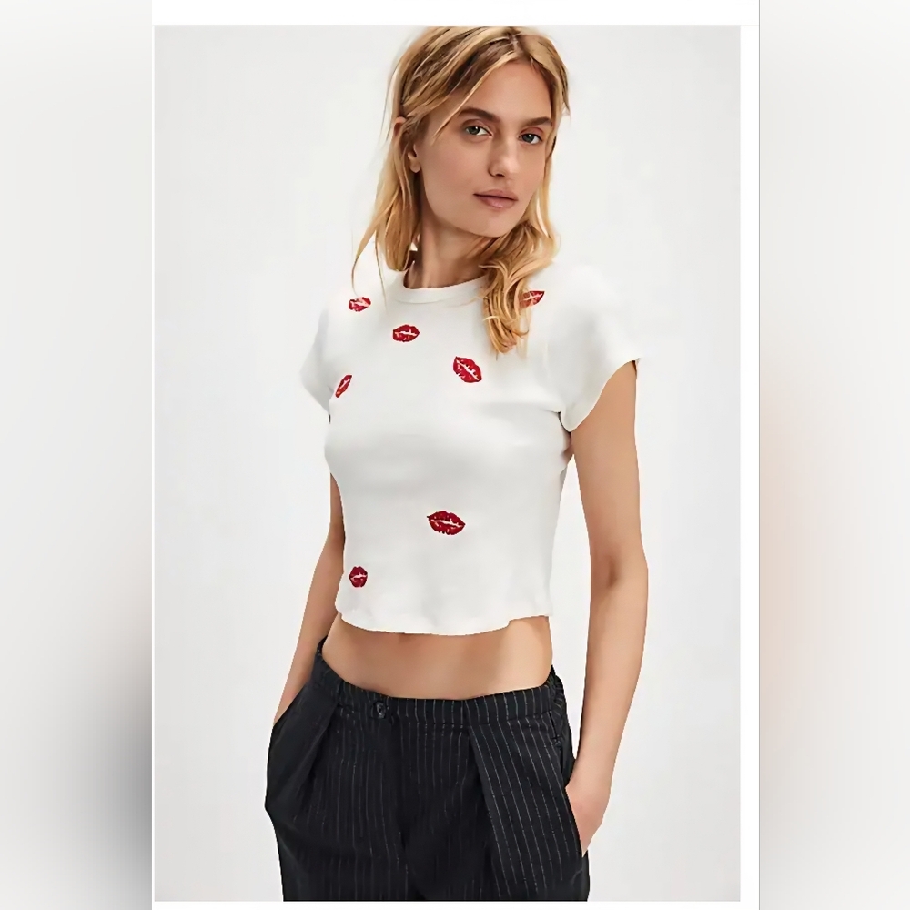 NWT Daydreamer Embroidered Baby Tee In Ivory